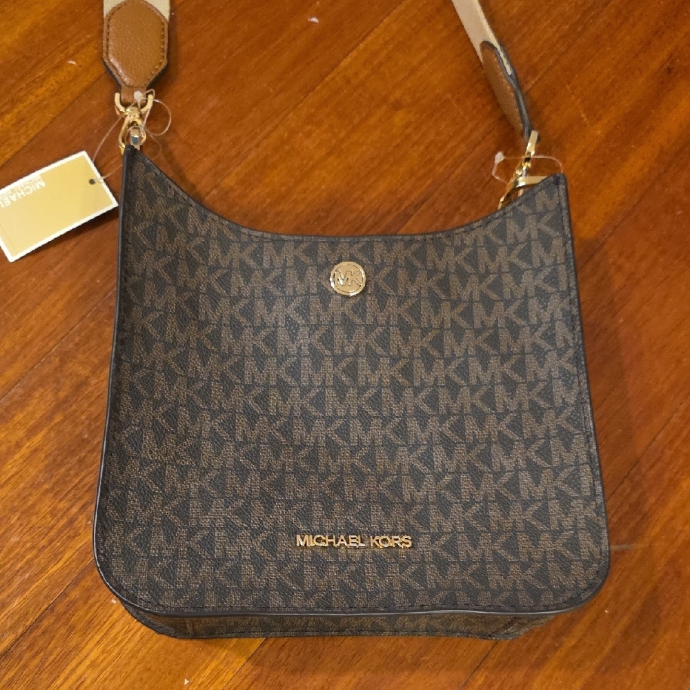 Michael Kors Brown MK Monogram Crossbody with Tan Strap - Picture 2 of 8